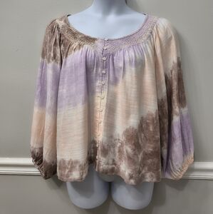 Lucky Brand Women's Embroidered Tie-Dye Peasant Top Size XL Boho Minimalist